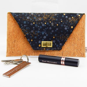 Schicke Make-up-Tasche aus goldenem Kork und schwarz-goldener Baumwolle/elegante Handtasche/elegante Clutch/Tragetasche für Damen, Teenager, Mädchen