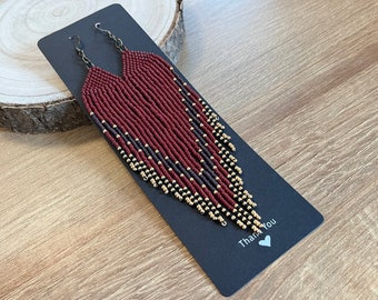 Maroon and gold long beaded fringe earrings