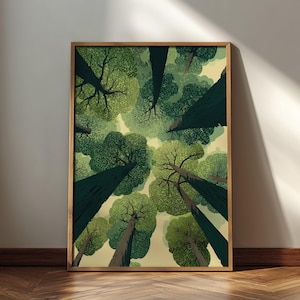 Puede incluir: Una impresión de arte mural rectangular en un marco de madera que presenta una ilustración en ángulo contrapicado de un dosel forestal. La obra muestra troncos altos y oscuros que se elevan hacia un cielo amarillo pálido, rodeados de follaje verde.