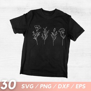 K&ouml;nnte beinhalten: Schwarzes T-Shirt mit einer wei&szlig;en Umrandung von f&uuml;nf verschiedenen Blumen und Stielen.