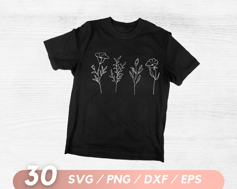 K&ouml;nnte beinhalten: Schwarzes T-Shirt mit einer wei&szlig;en Umrandung von f&uuml;nf verschiedenen Blumen und Stielen.