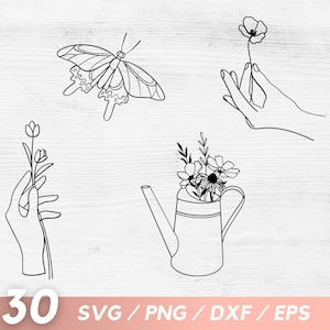K&ouml;nnte beinhalten: Ein Satz von f&uuml;nf Schwarzwei&szlig;-Zeichnungen mit einer Schmetterlings-, einer Hand, die eine Blume h&auml;lt, einer Hand, die einen Blumenstrau&szlig; h&auml;lt, einer Hand, die eine einzelne Blume h&auml;lt, und einer Gie&szlig;kanne mit Blumen darin.