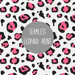 以下が含まれることがあります： 白地にピンクと黒のヒョウ柄のシームレスパターン。画像の中央に「Seamless Leopard Print」というテキストがあります。