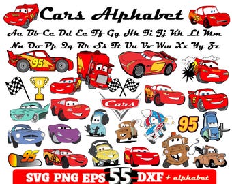 May include: A colourful alphabet chart featuring cartoon cars from the Disney Pixar movie Cars. The chart includes the letters of the alphabet, each paired with a different car character. The characters include Lightning McQueen, Mater, and others. The chart also includes the words "Cars Alphabet" and "SVG PNG EPS 55 DXF + alphabet".