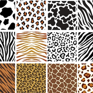 May include: A digital collage of nine different animal print patterns. The patterns include cow, leopard, zebra, tiger, giraffe, and cheetah prints. The prints are all in black, white, brown, and orange.