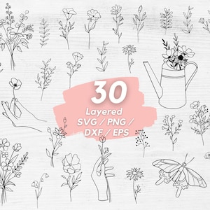 Pacote SVG de flores silvestres, pacote floral svg, esboço de flores, pacote svg de buquê, linha de flores svg, contorno svg floral, svg desenhado à mão