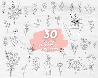 Wildflowers SVG Bundle, Floral bundle svg, FLower Sketch, bouquet svg bundle, Row of flowers svg, outline svg floral, hand drawn svg