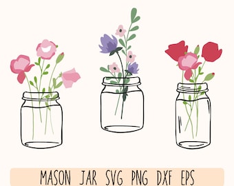 Mason Jar Flowers svg Bundle, Mason Jar svg, Mason Jar clipart, Mason Jar cricut, Flower svg, Botanical svg, Mason Jar cut file, Glass Jar