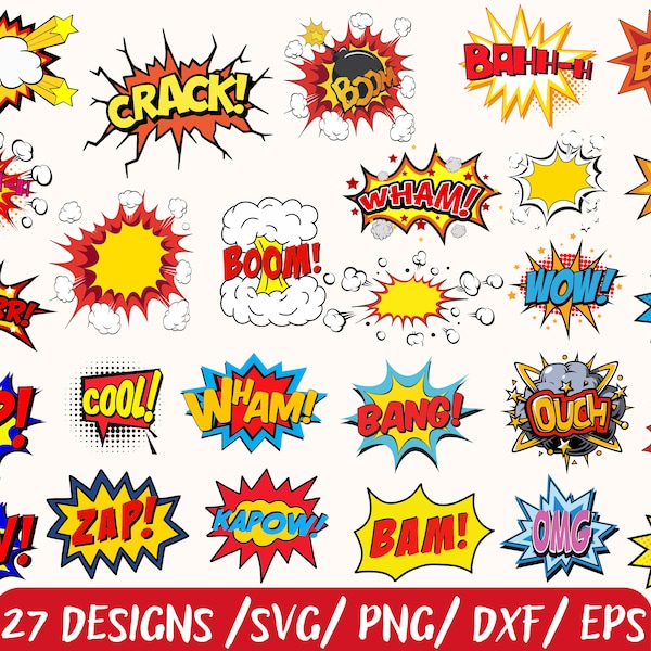 Bundel van 27 Comic Style Action Bubbles, Comic Cartoon Style, Verjaardagsbundel, Comic Balloon Bubble Art svg, Comic Book clipart