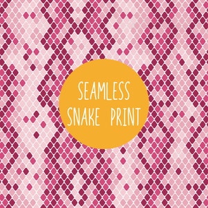 May include: A seamless pink and red snake print pattern. The text "Seamless Snake Print" is in a yellow circle.