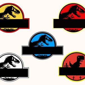 May include: Five variations of the Jurassic Park logo featuring a dinosaur skeleton. The logos are in yellow, red, blue, white, and red with a pixelated dinosaur. Each logo has a black rectangular banner with space for text.
