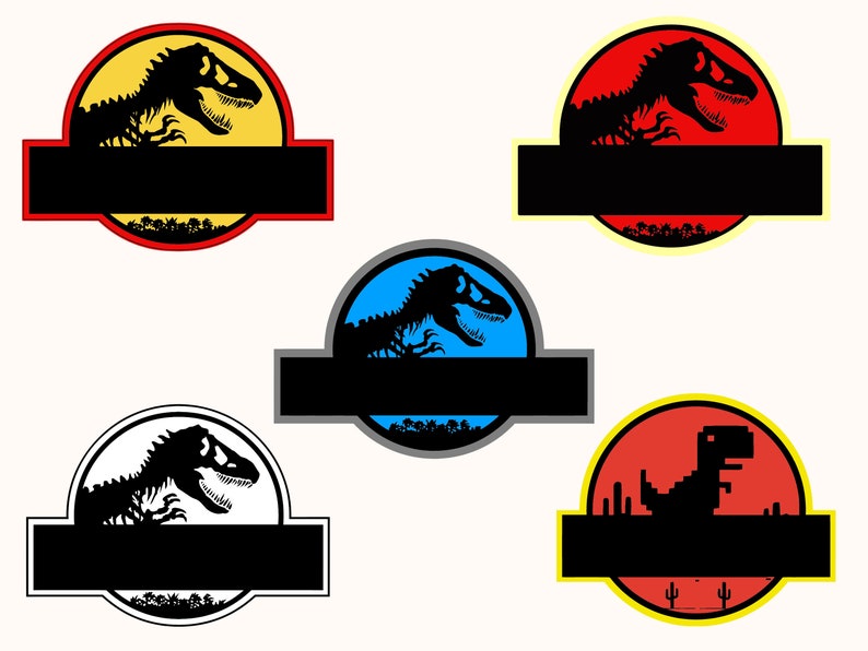 May include: Five variations of the Jurassic Park logo featuring a dinosaur skeleton. The logos are in yellow, red, blue, white, and red with a pixelated dinosaur. Each logo has a black rectangular banner with space for text.