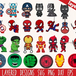 May include: Layered designs of popular superhero characters, including Captain America, Spiderman, Iron Man, Hulk, and Deadpool. The designs are in a cartoon style and are perfect for crafting projects.