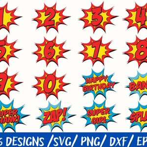 Comic Style Numbers Action Bubbles, Comic Cartoon Style, Pacote de aniversário, Comic Balloon Bubble Art svg, Comic Book clipart, Comic Numbers