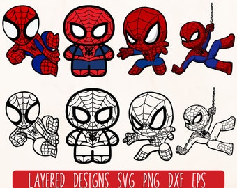 May include: Set of 10 layered SVG cut files featuring a cartoon superhero in red and black, and a black and white outline version. The superhero is wearing a mask and has a spider web design on their suit. The files are perfect for creating iron-on transfers, vinyl decals, and other crafts.