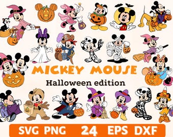 May include: A set of 24 digital cut files featuring Mickey Mouse and friends dressed in Halloween costumes. The designs include Mickey Mouse, Minnie Mouse, Goofy, Pluto, Donald Duck, and Daisy Duck. The designs are perfect for creating Halloween crafts, decorations, and party supplies.