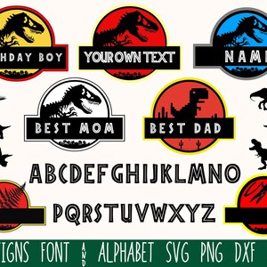 May include: A set of black and white dinosaur silhouette designs in a Jurassic Park style logo. The designs include a dinosaur skeleton, a dinosaur with a pixelated body, and a dinosaur with a long neck. The set also includes a full alphabet in a bold, blocky font. The text "Birthday Boy", "Your Own Text", "Name", "Best Mom", and "Best Dad" are included in the design set.