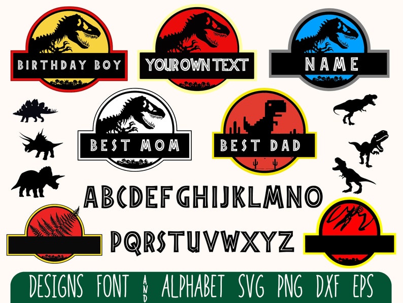May include: A set of black and white dinosaur silhouette designs in a Jurassic Park style logo. The designs include a dinosaur skeleton, a dinosaur with a pixelated body, and a dinosaur with a long neck. The set also includes a full alphabet in a bold, blocky font. The text "Birthday Boy", "Your Own Text", "Name", "Best Mom", and "Best Dad" are included in the design set.