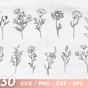 K&ouml;nnte beinhalten: Ein Set mit 30 Schwarzwei&szlig;-Linienzeichnungen von Blumen in den Formaten SVG, PNG, DXF und EPS. Die Blumen sind einfach und zart, mit einer Vielzahl von Formen und Gr&ouml;&szlig;en.