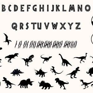 May include: Black and white silhouette image of various dinosaurs, including a Tyrannosaurus Rex, Triceratops, and Stegosaurus. The image also includes the alphabet in a bold, block font.