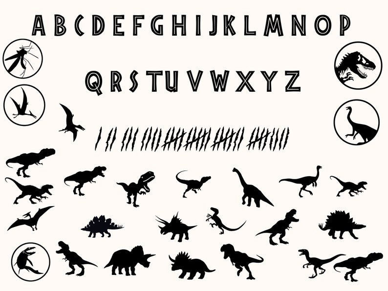 May include: Black and white silhouette image of various dinosaurs, including a Tyrannosaurus Rex, Triceratops, and Stegosaurus. The image also includes the alphabet in a bold, block font.