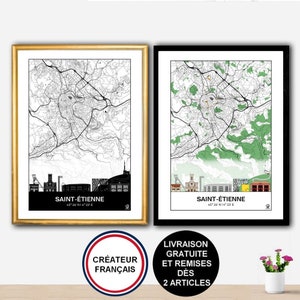 Affiche Skyline de Saint-Etienne, Carte de Sainté, Poster, Asse, Art, Loire, Map, Impression, Deco, Ville.