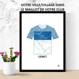 Affiche personnalisée club et ville, maillot de club, carte ville, cadeau homme, cadeau femme, original, foot, rugby, basket NBA