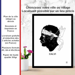 Stadtplakat Korsika, Karte von Korsika, Korsika, Maurenkopf, Druck, Karte, Bastia, Ajaccio, Calvi, Bonifacio, Porto-Vecchio, personalisiert