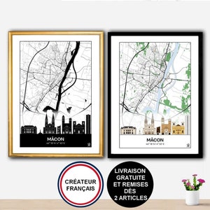 Mâcon Skyline Poster, Karte von Mâcon, Saône et Loire, Poster, Kunst, Druck, Karte, Impression, Deko, Stadt.