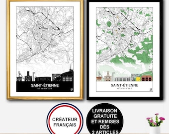 Saint-Etienne Skyline Poster, Sainté Map, Poster, Asse, Art, Loire, Map, Print, Deco, City.