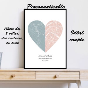 Paar-Plakat 2 Städte, anpassbar, Stadtplan, Grußkarte, Valentinstagsgeschenk, Hochzeit, Deko, Original, einzigartig