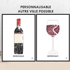 Poster Vino di Bordeaux, Mappa di Bordeaux, Poster, Arte, Stampa, Mappa, Impressione, Deco, Città