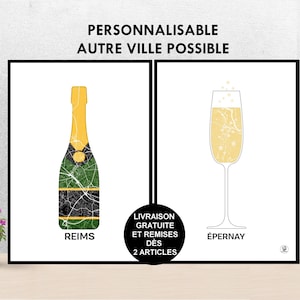 Champagne Poster, Personalized Map, Champagne Poster, alcohol, Art, Print, Map, Impression, Deco, City, Reims, Spirits, Wine