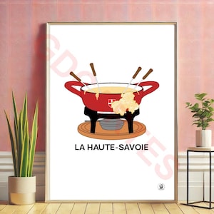 Affiche fondue Haute-Savoie, 74, fromage, Print, Map, Impression, Deco, Ville, Cadeau