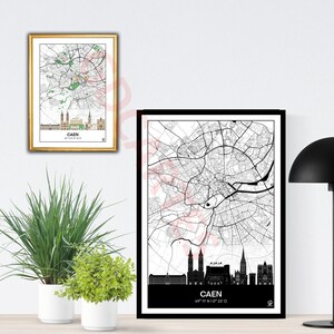 Affiche Skyline de Caen, Carte de Caen, Affiche, Art, Print, Map, Impression, Deco, Ville.