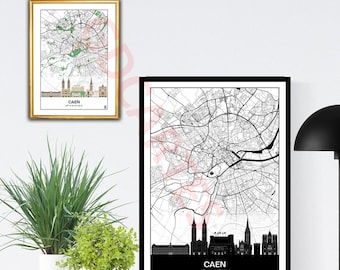 Caen Skyline Poster, Map of Caen, Poster, Art, Print, Map, Printing, Decor, City.