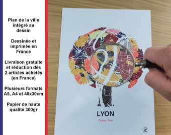 Poster Flowering Tree of Lyon, Map of Lyon, Poster, Art, Print, Map, Printing, Deco, City