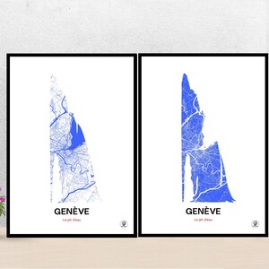 Poster Jet d'eau de Genève, Carte de Genève, carte de Suisse, Affiche, Art, Print, Map, Impression, Deco, Ville.