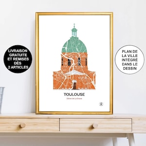 Dome de la Grave poster of Toulouse, Map of Toulouse, Poster, Art, Print, Map, Impression, Deco, City