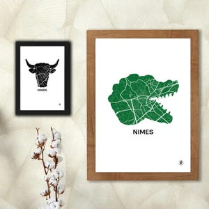 Affiche Nîmes, Carte de Nimes, crocodile, taureau, Affiche, Art, Print, Map, Impression, Deco, Ville