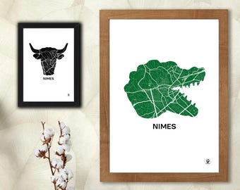 Nîmes poster, Nîmes map, crocodile, bull, poster, art, print, map, printing, decor, city