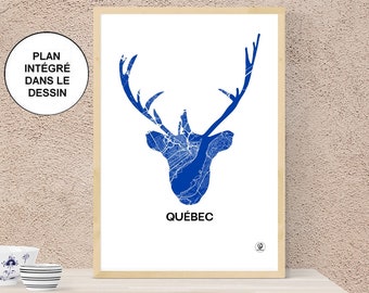 Quebec City poster, Quebec City map, Canada, Caribou, Beaver, Poster, Art, Print, Map, Print, Decor, City
