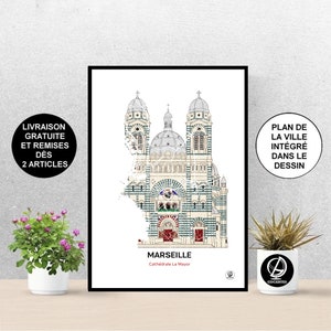 Affiche La Major de Marseille, Carte de Marseille, Affiche Cathédrale, Art, Print, Map, Impression, Deco, Ville