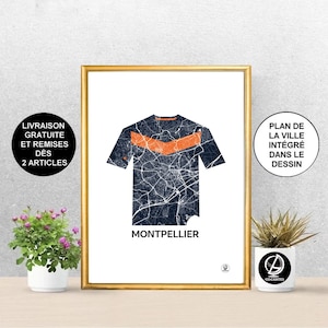 Affiche Montpellier, Carte de Montpellier, Hérault, Maillot Montpellier, MHSP, champion 2012, Foot, Poster, Art, Print, Map, Deco, Ville