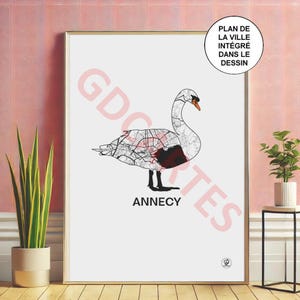 Affiche ville d'Annecy, Carte d'Annecy, Cygne, ile des cygnes, Affiche, Art, Print, Map, Impression, Deco, Ville