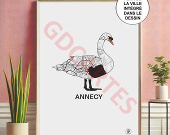 Cartaz da cidade de Annecy, mapa de Annecy, cisne, ilha dos cisnes, pôster, arte, impressão, mapa, impressão, decoração, cidade