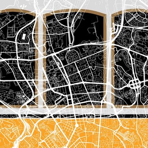 May include: A black and white map of a city with a brown and white border. The map is divided into three sections, each showing a different part of the city. The map is on a yellow background.