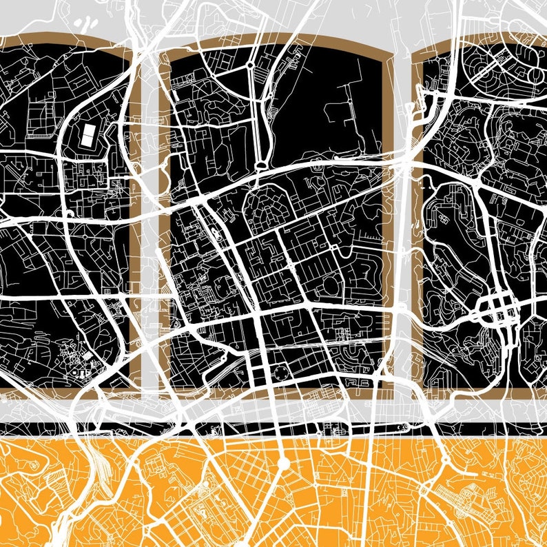 May include: A black and white map of a city with a brown and white border. The map is divided into three sections, each showing a different part of the city. The map is on a yellow background.