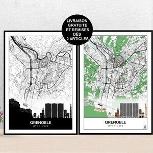Poster Skyline de Grenoble, Carte de Grenoble, Affiche, Capitale des Alpes, Art, Print, Map, Impression, Deco, Ville, Anniversaire, Cadeau