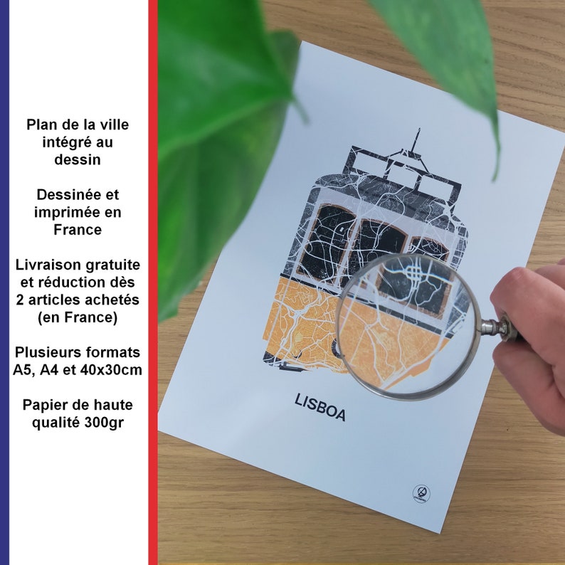 May include: A yellow and black tram with a map of Lisbon printed on it. The tram is on a white background with the word "LISBOA" printed below it. The image is printed on high quality 300gsm paper.
